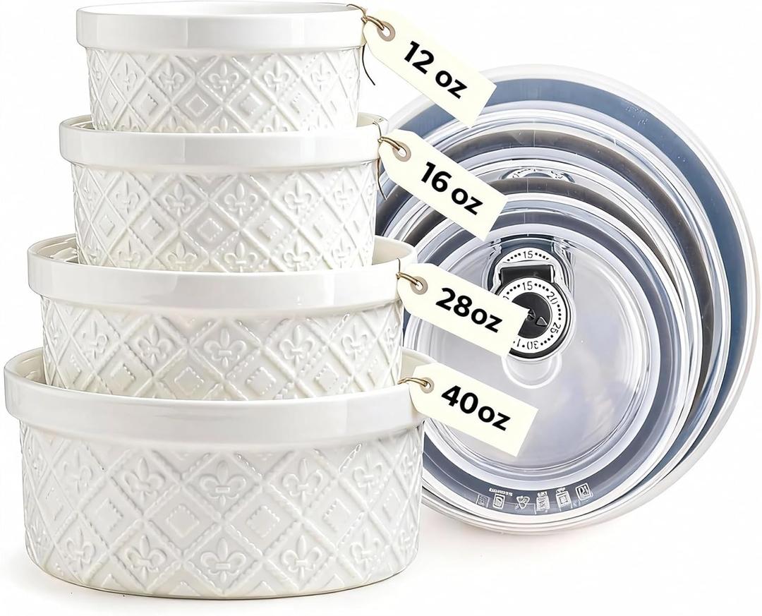 Large Mixing Bowls with Airtight Lids, Classic White Porcelain Embossed Nesting Salad Bowls for Baking and Cooking, 12/16/28/40oz Serving Bowls Set of 4, Oven and Dishwasher Safe, Thanksgiving Gift