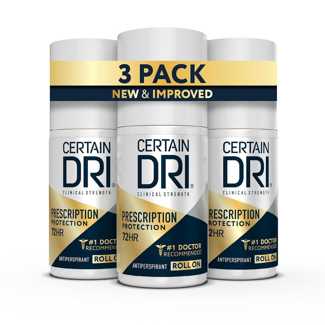 Certain Dri Prescription Strength Clinical Antiperspirant Roll-On for Hyperhidrosis, 72-Hour Sweat Protection, Fragrance-Free, Doctor-Recommended for Men & Women, 1.2 fl oz (Pack of 3)