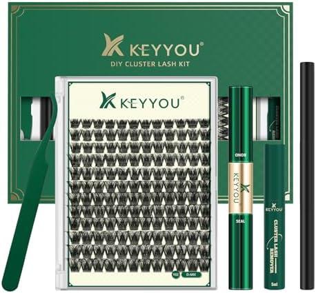 KEYYOU Lash Clusters Kit 144pcs Thick Volume D Curl Eyelash Clusters Lash Extension Kit with Mascara Brush Bond and Seal Glue Remover Applicators and Brush for DIY Lash Extensions (Y02)