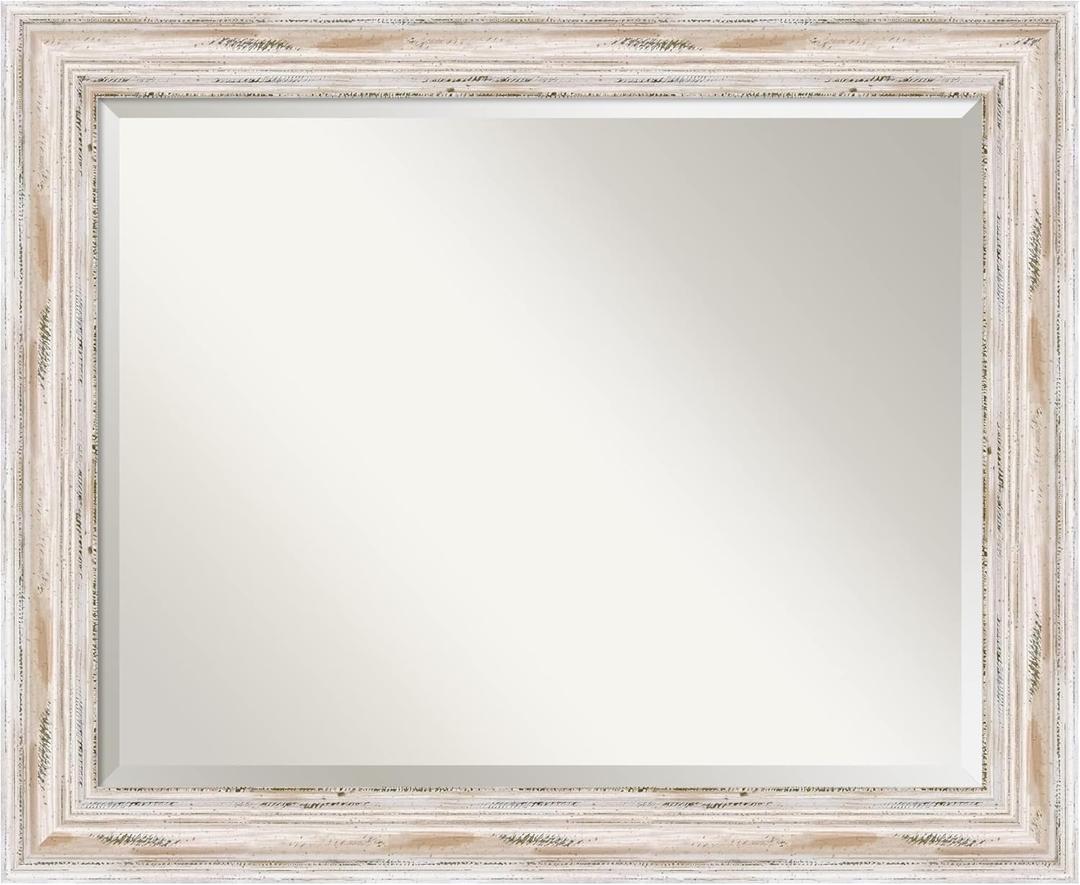 Amanti Art White Bathroom Mirror for Over Sink, 27x33 Alexandria White Wash Rectangle Vanity Mirror, Large Coastal Wood Frame, Hangs Horizonally and Vertically, Bathroom Wall Decor, Beveled Edge (Alexandria Rustic Brown)