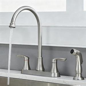 Friho Kitchen Faucet with Side Sprayer, Brushed Nickel Stainless Steel Kitchen Faucets with Supply Line, 3 or 4 Hole 2 Handle Kitchen Sink Faucet for RV Laundry Utility Bar