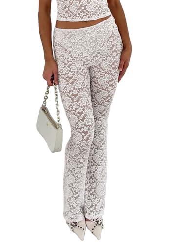 Lace Flare Pants for Women - Sexy See Through Mid-Waist Bell Bottom Leggings Trousers Party Clubwear White L