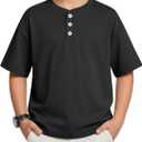 Boys Short Sleeve Shirts | Henley Tees, Oversized, for Kids, Loose, Casual, Summer, Button, Basic Tops, Classic, Cute, Size 5-6 Years (Black)