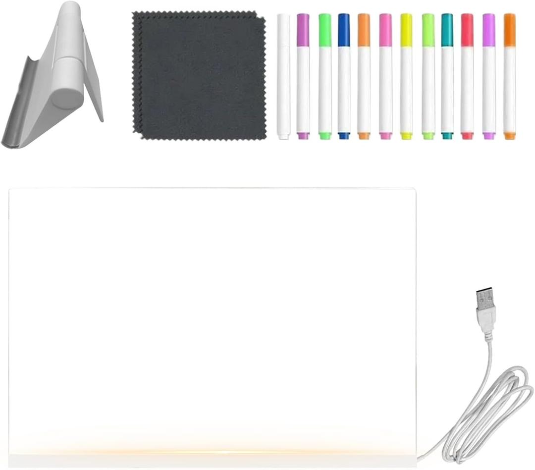 Led Message Board - Clear Acrylic Tablet - Dry Erase Led Board with 12-Color Pens and Foldable Stand | for Girl Boy Birthday Painting Classroom Road Trip (30x20cm)