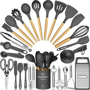 Umite Chef Silicone Kitchen Utensil Set, 34PCS Heat Resistant Kitchen Gadgets and Tools With Grater, Wood Handles for Nonstick Cookware (Dark Gray)