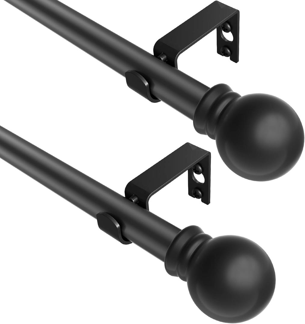 Black Curtain Rods 2 Packs for Windows 31"- 46", Decorative Drapery Rod Adjustable by Splicing, 5/8 inch Small Curtain Rod for Bedroom, Living Room, Kitchen and Outdoors