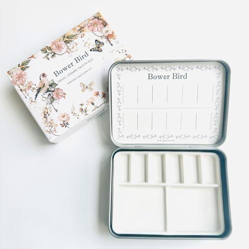 Bower Bird Travel Watercolor Palette,Portable Ceramic Palette 6 Well,Empty Paint Palette,Small Travel Metal Paint Boxwith Porcelain Palette (6Well)