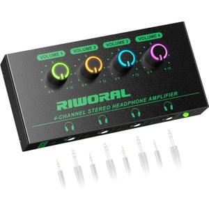 4 Channels Headphone Amplifier with 3.5mm/6.35mm/ TRS Jack Input for Dj Mixer Amps Splitter with 8 Output Ports Separate Volume Control Output for Speaker Or Monitor Headphone