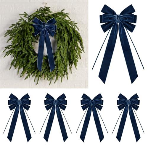 4 Pcs Christmas Velvet Bows 15 x 6.5'' Multi-Layered Vintage Ribbon Wreath Bow for Xmas Tree Decorations,Gift Wrapping, Garland, Cabinet, Fireplace, Staircase,Wedding, Home Decor (4, Navy Blue)