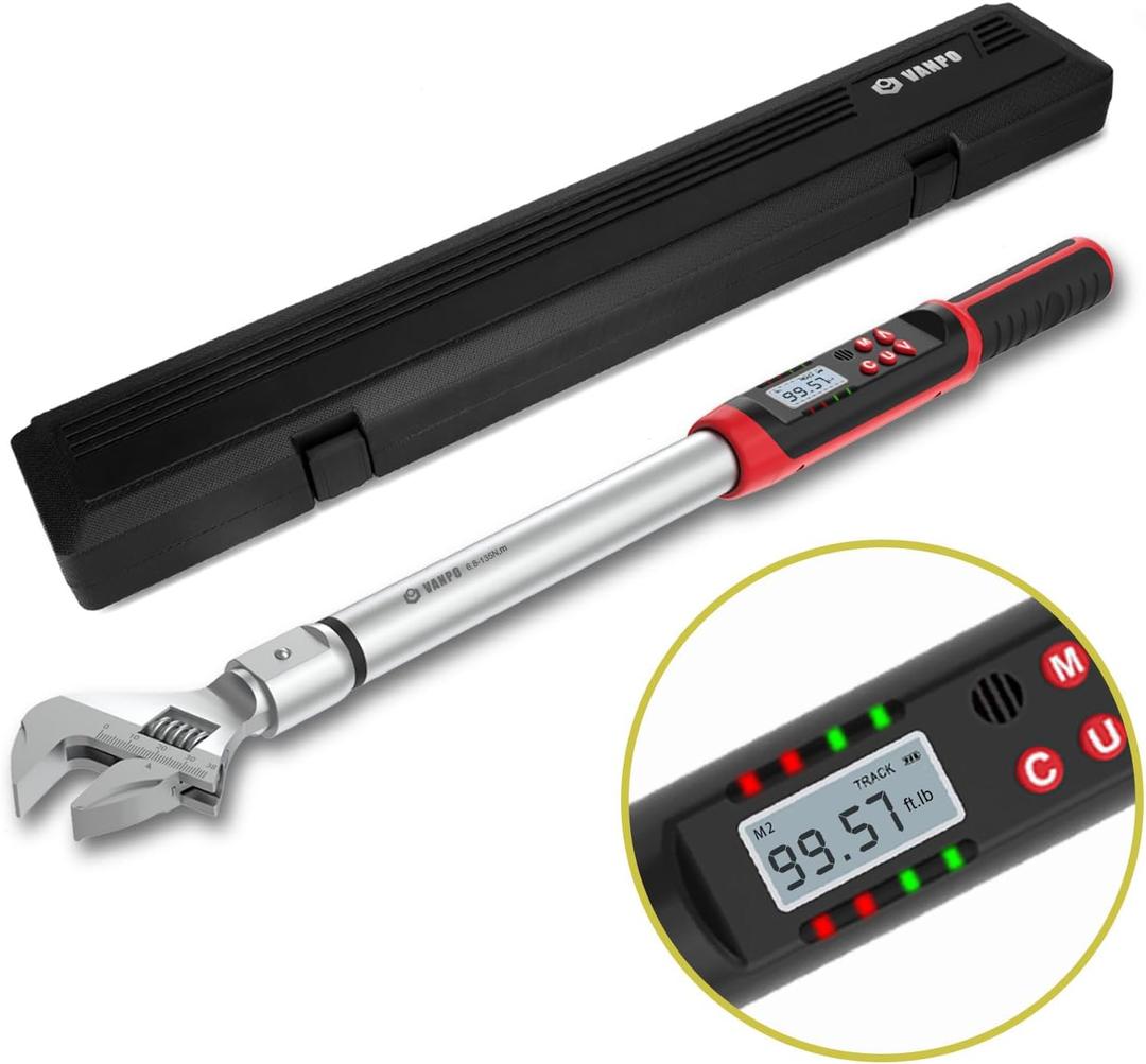 VANPO Adjustable Digital Torque Wrench 5-99.6 ft.lb/6.8-135 N.m, 1418 mm Open End, 38 mm Adjustable Jaw, Accuracy 2%, LED and Buzzer Notification, HVAC Torque Wrench for Mini Split AC, Pipeline