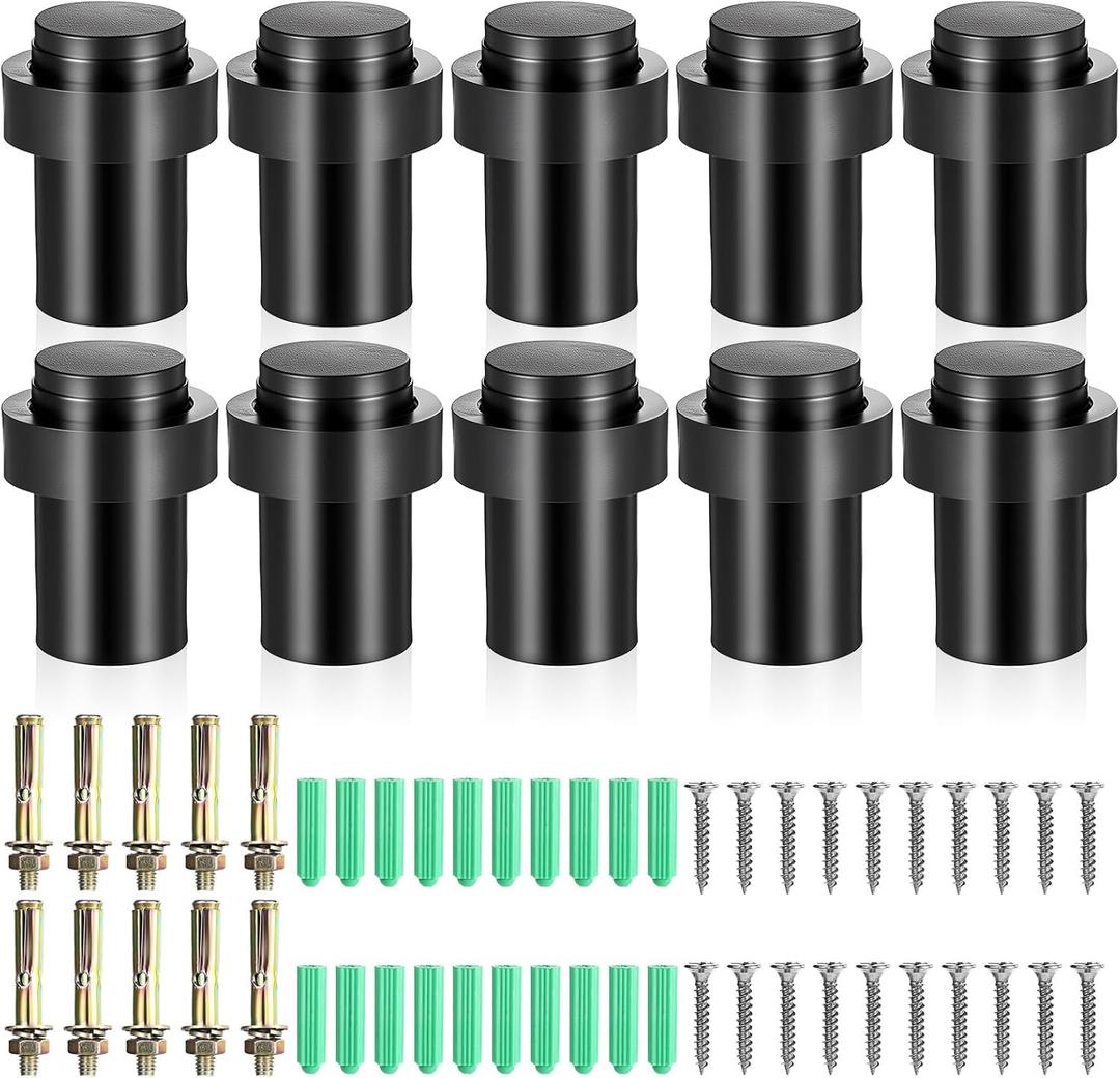 10 Pack Floor Door Stopper Black Cylindrical Door Stops 2.4'' Stainless Steel Floor Mounted Doorstops with Rubber Bumper Modern Decorative Doorstopper Wall Protector for Bottom or Top of Doors