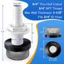 Thru Hull Strainer Mount with Aerator Screen, Boat Water Intake Fitting for Livewell Aerator Pump Systems, Thru Hull Water Pickup for 3/4" ID Hose Plastic Marine Intake Strainer for Fishing