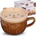 Cute Ceramic Cat Coffee Mug with Lid, Kawaii Coffee Mugs or Tea Cups for Cat Lovers, Funny Novelty Cat Breakfast Mugs for Women Wife Mum Girls Boys Friends Kids Christmas Birthday Gift, 300ML (Brown）