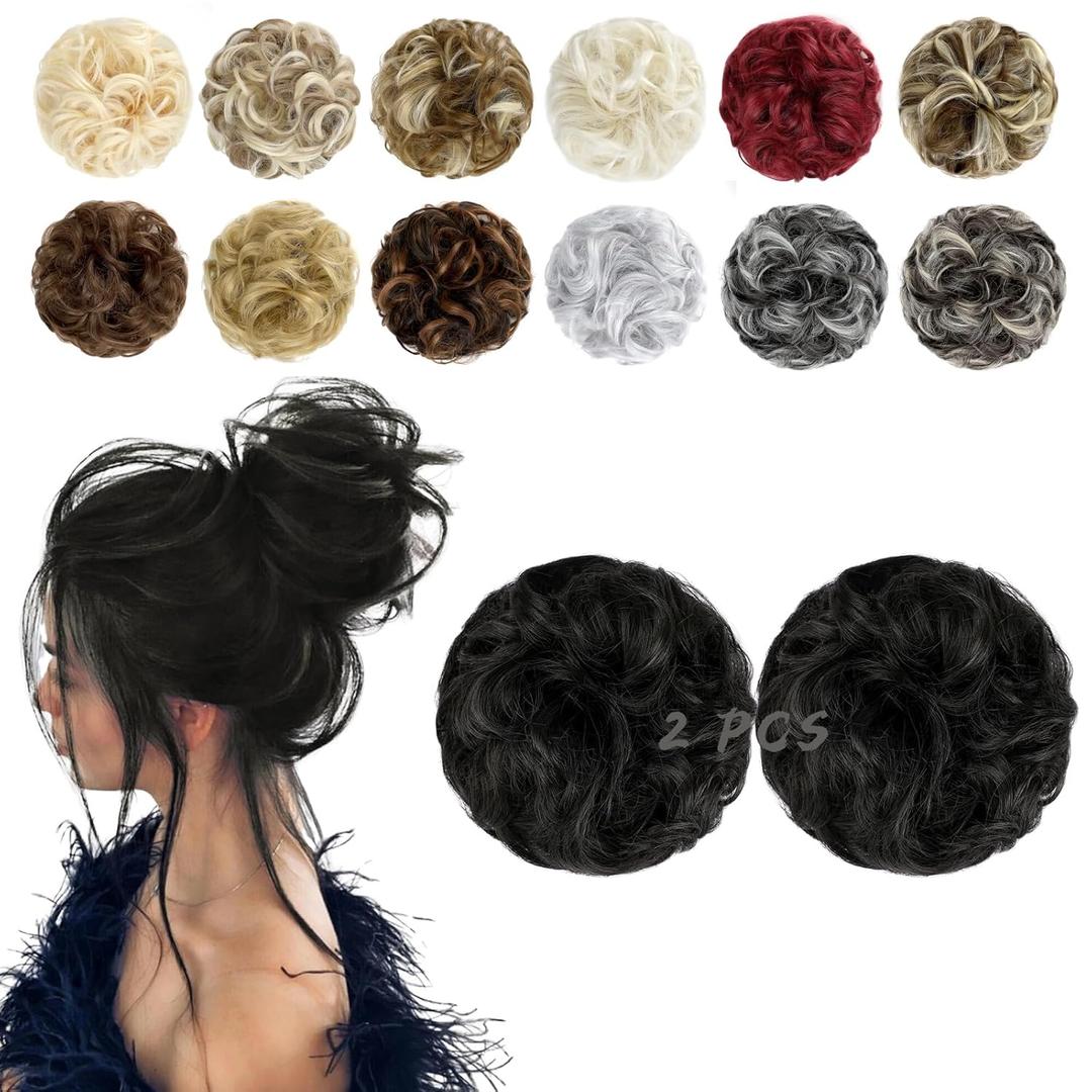 2 PCS Messy Bun Hair Piece Wavy Curly Scrunchies Synthetic Chignon Ponytail Hair Extensions Thick Updo Hairpieces for Women Girls(Natural Black)