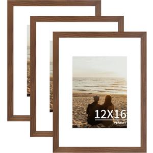 YESKAY 12x16 Picture Frame 3 Pack - Brown Poster Frame Display Pictures 8.5x11 with Mat or 12 x 16 Without Mat for Wall Hanging Horizontal and Vertical