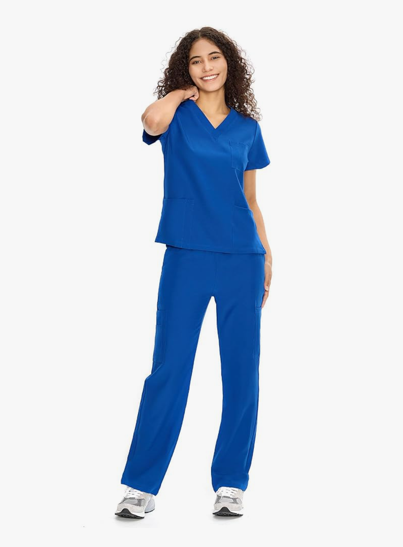 Scrubs for Women Set Medical Uniform - V-Neck Top & Straight Leg Pants with 9 Pockets, Unisex Workwear, Royal Blue, L