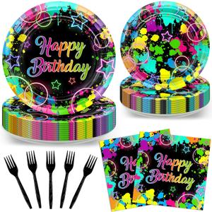 Avezano 96 PCS Neon Birthday Party Decorations Glow Neon Happy Birthday Plates Napkins Tableware Glow in the Dark Party Supplies, Serves 24