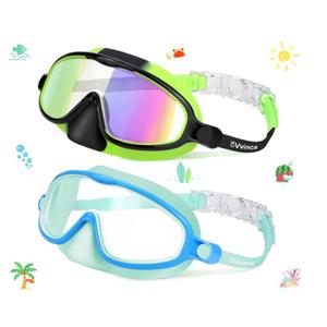 Vvinca 2 Pcs Kids-Swim-Goggles with Nose Cover, Swimming Diving Mask Wide View Anti Fog UV Anti Shattered Lens for Kids 3-5 (01-Mirrored Black Green & Light Blue)