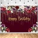 Withu Burgundy Red Birthday Backdrop for Women Gold Glitter Dots Floral Flowers Wall Cake Table Decorations Banner Theme Bday Party Photo Photography Background 7x5ft