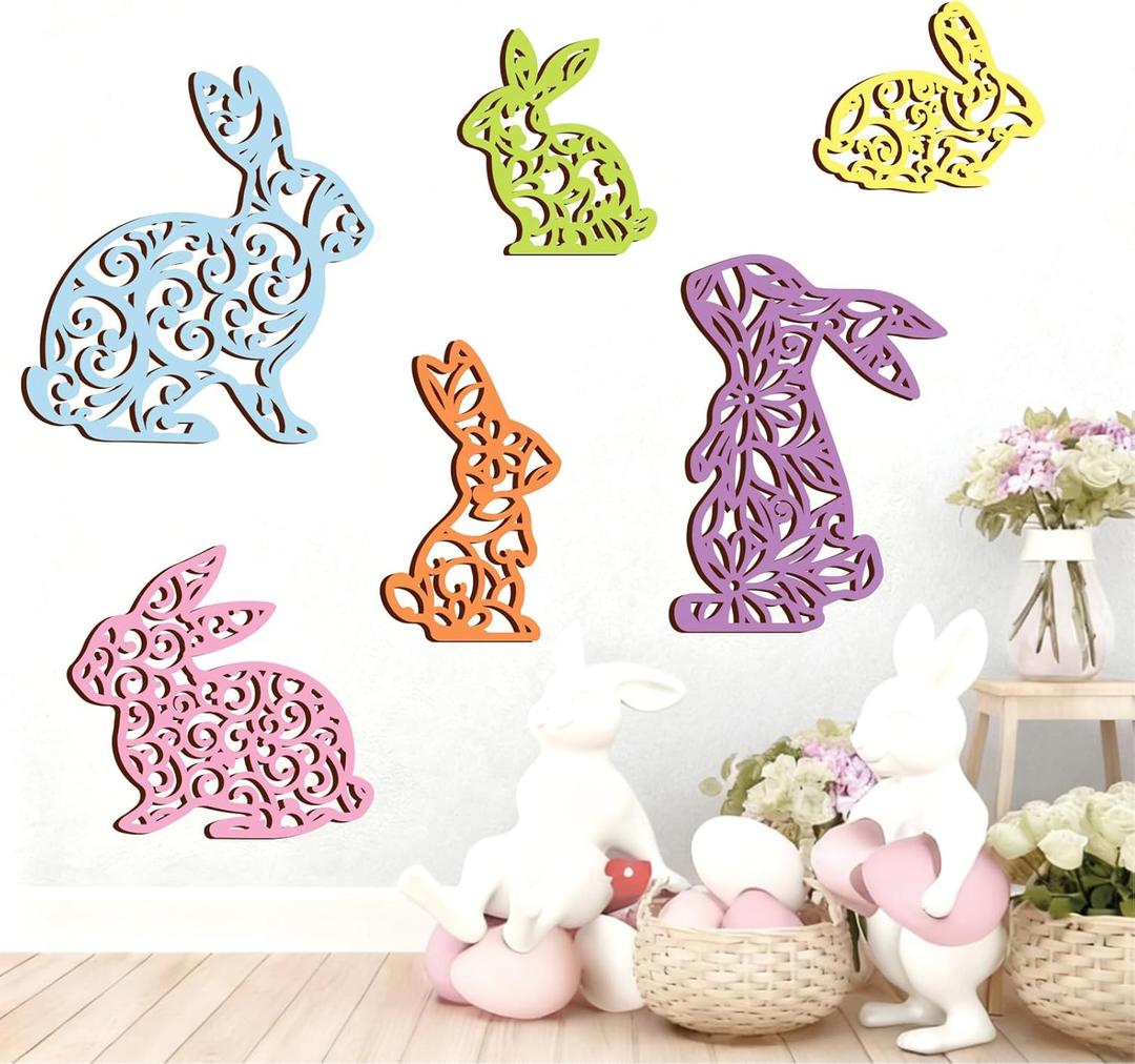 Whaline 6Pcs Easter Bunny Wooden Wall Decor Pastel Color Hollow Rabbit Shaped Wood Wall Art Sign with Hook for Home Farmhouse Spring Hanging Ornament