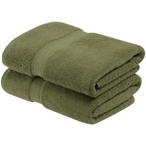 Superior Egyptian Cotton Pile Bath Towel Set of 2, Ultra Soft Luxury Towels, Thick Plush Essentials, Absorbent Heavyweight, Guest Bath, Hotel, Spa, Home Bathroom, Shower Basics, Forest Green