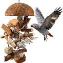 Natural Bird Toys for Parrots 18in Handmade Shredding & Foraging Toy with Coconut Shells, Wood Blocks & Lava Stones Parrot Toys for Sun Conures, Conures, Caiques, Cockatiels, Quaker Parrots