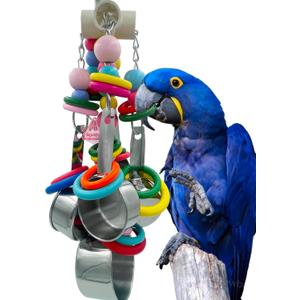 Metallic Pots and Multicolored Ring Strings Toys, Pullable 5 Stainless Steel Cups and Wooden Ring Toys for Large and Extra Large Parrot Amazons Macaws African Greys Cockatoos Eclectus