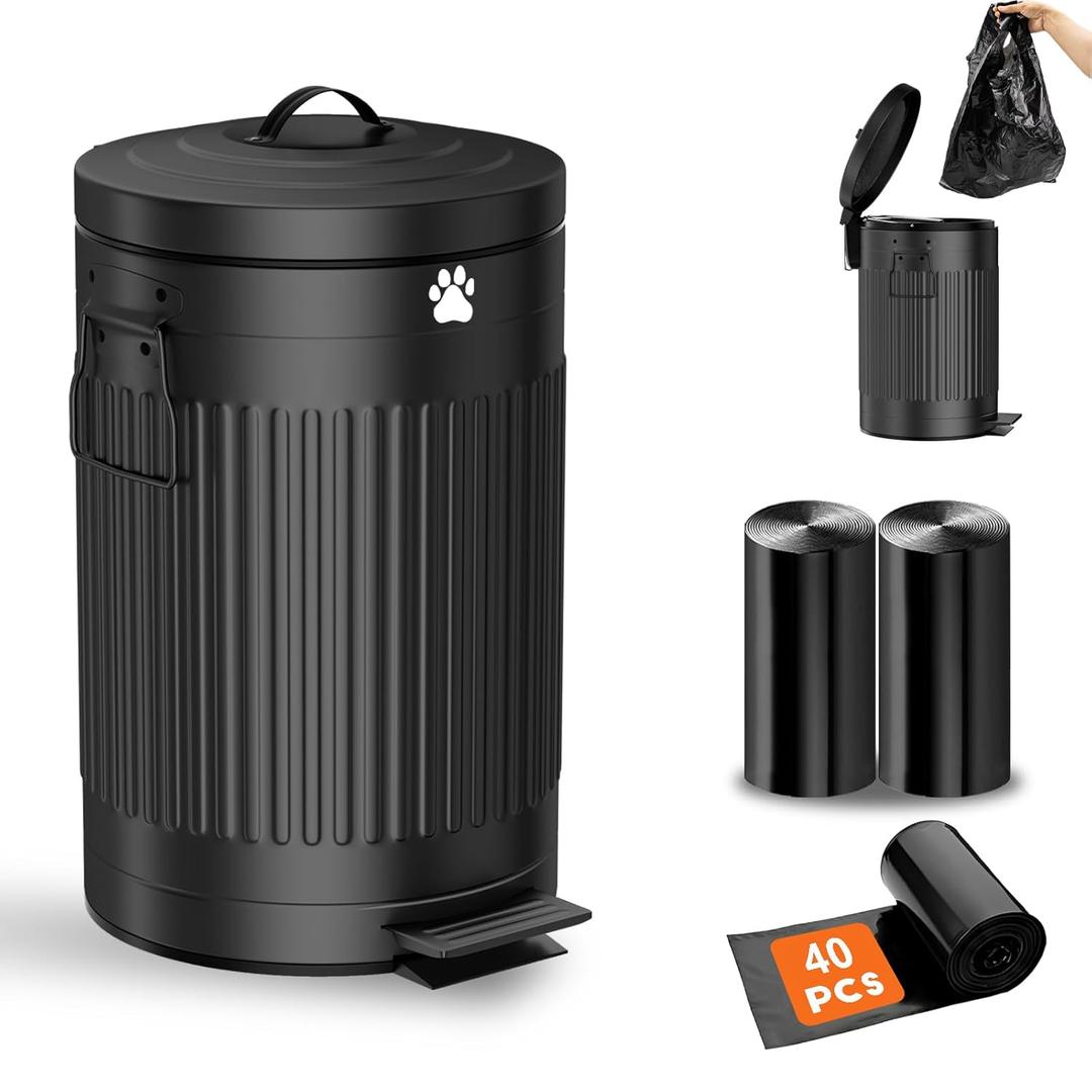 Dog Poop Trash Can Outside, 12L/3.1Gal Metal Dog Waste Trash Can with Lid, Foot Pedal, Waste Container with 40 Bags, Pet Poop Bucket with Lid Soft Close for Pet, Round Black Can