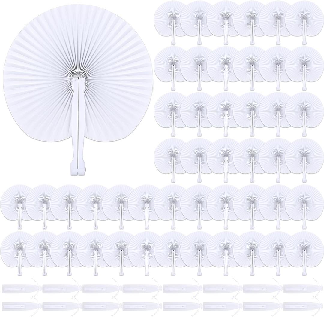 WYTAOHZL 100PCS White Paper Fans Folding Round Shaped Wedding Fan with Bags Hand Fan Plastic Handle Decorative Wedding Favor Fans for Bridal Party Favor Baby Shower Party Supplies Decor
