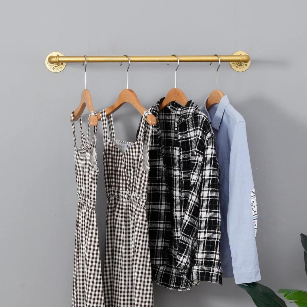 Industrial Pipe Clothing Rack, Wall Mounted, Vintage Retail Garment Rack Display Rack, Metal Commercial Clothes Racks, Iron Clothing Rod, Laundry Room (31in, Gold)