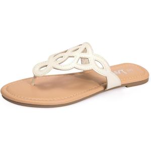 LM Women's Thong Sandals T-Strap Sandals Slip On Flat Sandals Flip Flop Casual Summer Slide Sandals (Beige, L)