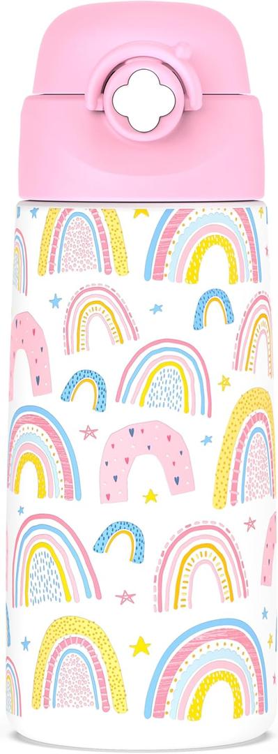 Girls Insulated Water Bottle with Covered Pop-Up Straw,16 oz Kids Cups with Stainless Steel Leak Proof for SchoolRainbow-Pink