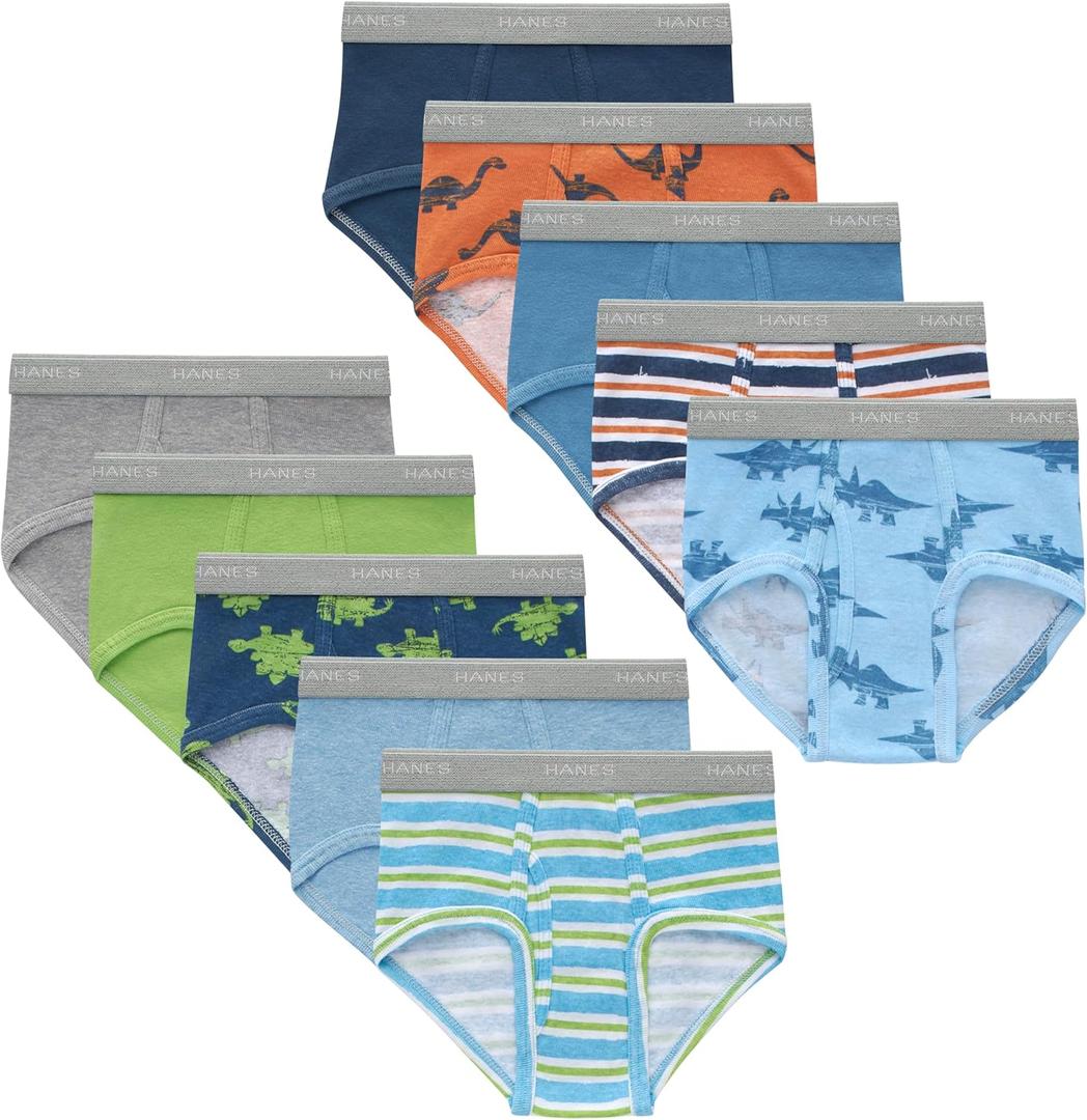 Hanes Boys' Brief Underwear, Cotton Underwear for Boys, No Ride-Up Briefs, 6 and 10 Packs (4-5T, Blue, Orange Dino, Stripes, Green)
