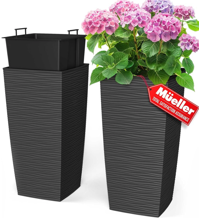 Mueller Janska M-Resin Heavy Duty Tall Planter, Indoor/Outdoor Grande Plant, Tree, Flower Pot, 2-Piece Set, 18”, Modern Design, Built-in Drainage, Dark Gray