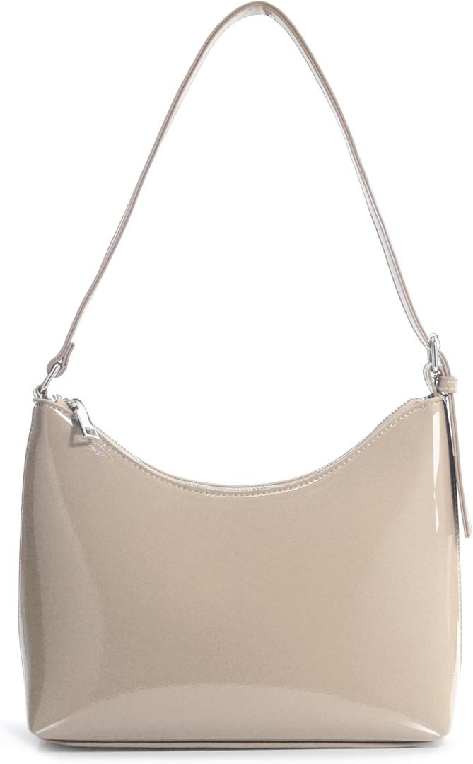 HOXIS Minimalist Faux Patent Leather Shoulder Bag Shiny Women Purse Y2K Style (Nude)
