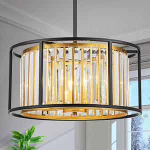 5-Light K9 Crystal Drum Chandeliers, Modern Pendant Light Fixture for Dining Room, Living Room, Bedroom, D18 x 12~58" Adjustable Height, Crystal Shade, Gold & Black Finish