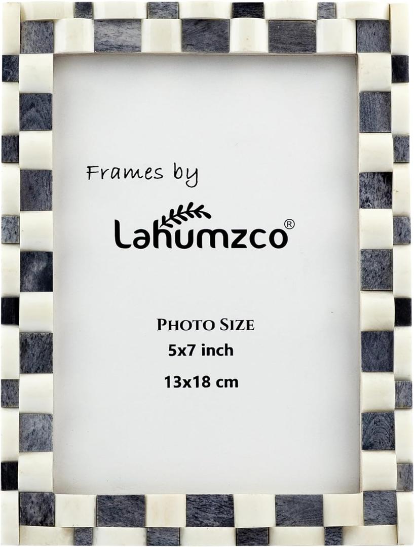 Lahumzco 5x7 Gray and White Bone Inlay Picture Frame – Handmade Curved Checkerboard Pattern Photo Frame – Decorative Frame for Home, Desk, Shelf, Wall Display