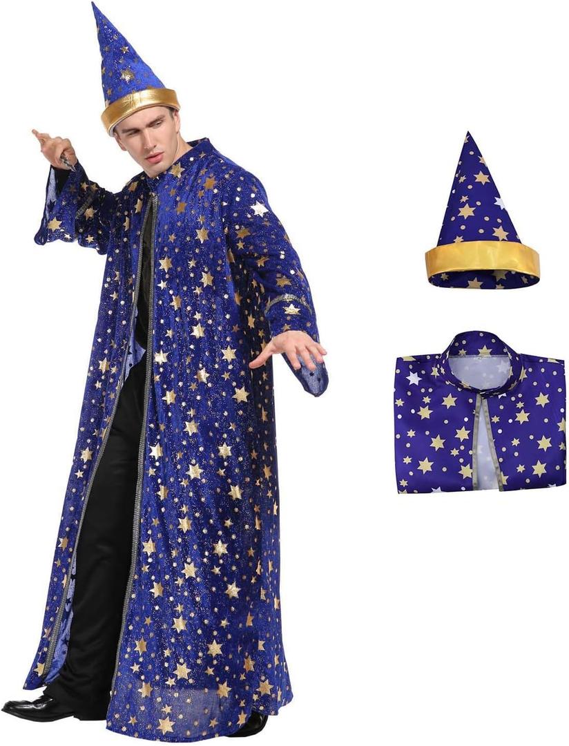 Wizard Costume Cloak And Hat Halloween Magic Wizard Cloak Robe For Adult (XX-Large, Blue)