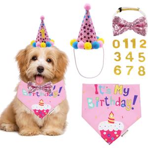 ADOGGYGO Dog Birthday Bandana Scarf and Puppy Girl Birthday Party Hat with Cute Bow Tie for Small Dog Cat (Small) (Pink)