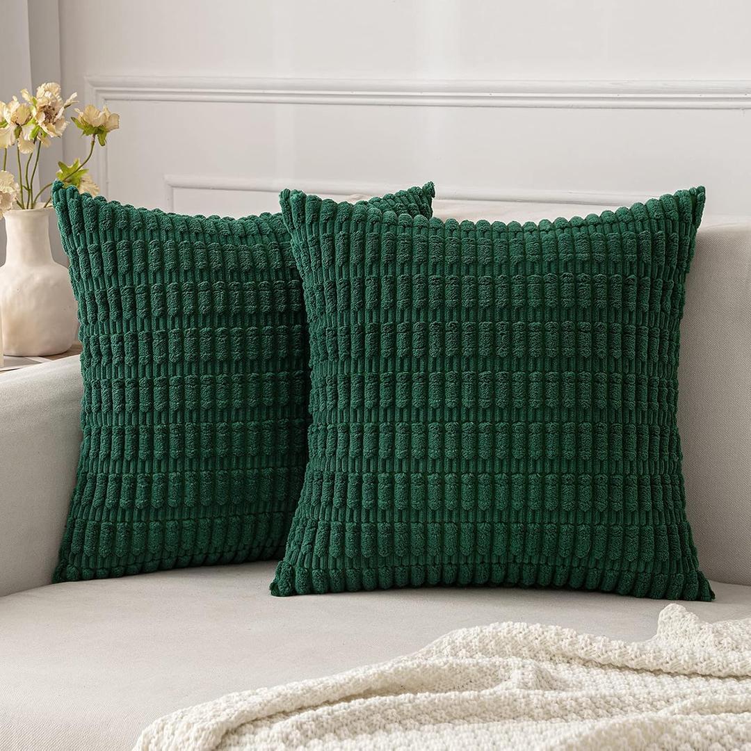 MIULEE Pack of 2 Dark Green Corduroy Decorative Pillow Covers 18x18 Inch Soft Boho Striped Throw Pillow Covers Modern Farmhouse Home Decor for Sofa Living Room Couch Bed