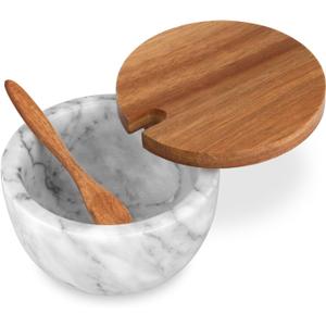 Salt Cellar Box with Lid & Spoon, Modern White Stone Salt or Pepper Sugar Spice Seasoning Bowl Container Jar Holder Well Keeper Dish Pig Crock for Kitchen (White/Grey Marble Bowl)