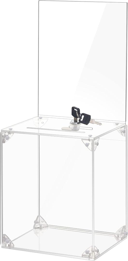 KYODOLED Large Tall Acrylic Donation Box with Slot and Lock, Clear Ballot Box with 6"x8" Sign Holder Storage Container for Voting, Raffle,Tip Jar, 6.7"x5.23"x8"