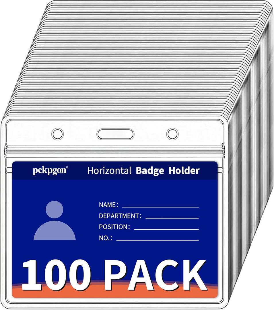 100 Pack Horizontal ID Badge Holder, Clear Plastic Lanyard Key Card Holders, Work Name Tag Sleeve Badges Protector Cover with Waterproof Resealable Zipper for Nurses, Fits Credit Size Cards
