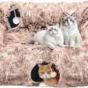 Extra Large Cat Tunnel Bed, 4 Ways Tunnels for Indoor Cats, Multi-cat Family Pet Bed & Cave, Plush Cat Donut with Washable Middle Mat, Exit Balls, Pet Play Toy for Kitten Puppy Rabbit, Brown