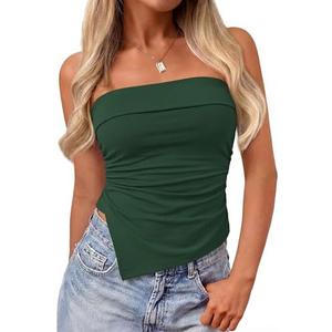 PRETTYGARDEN Going Out Tube Tops for Women Trendy Summer 2026 Asymmetrical Ruched Strapless Bandeau Shirts Spring Clothes L