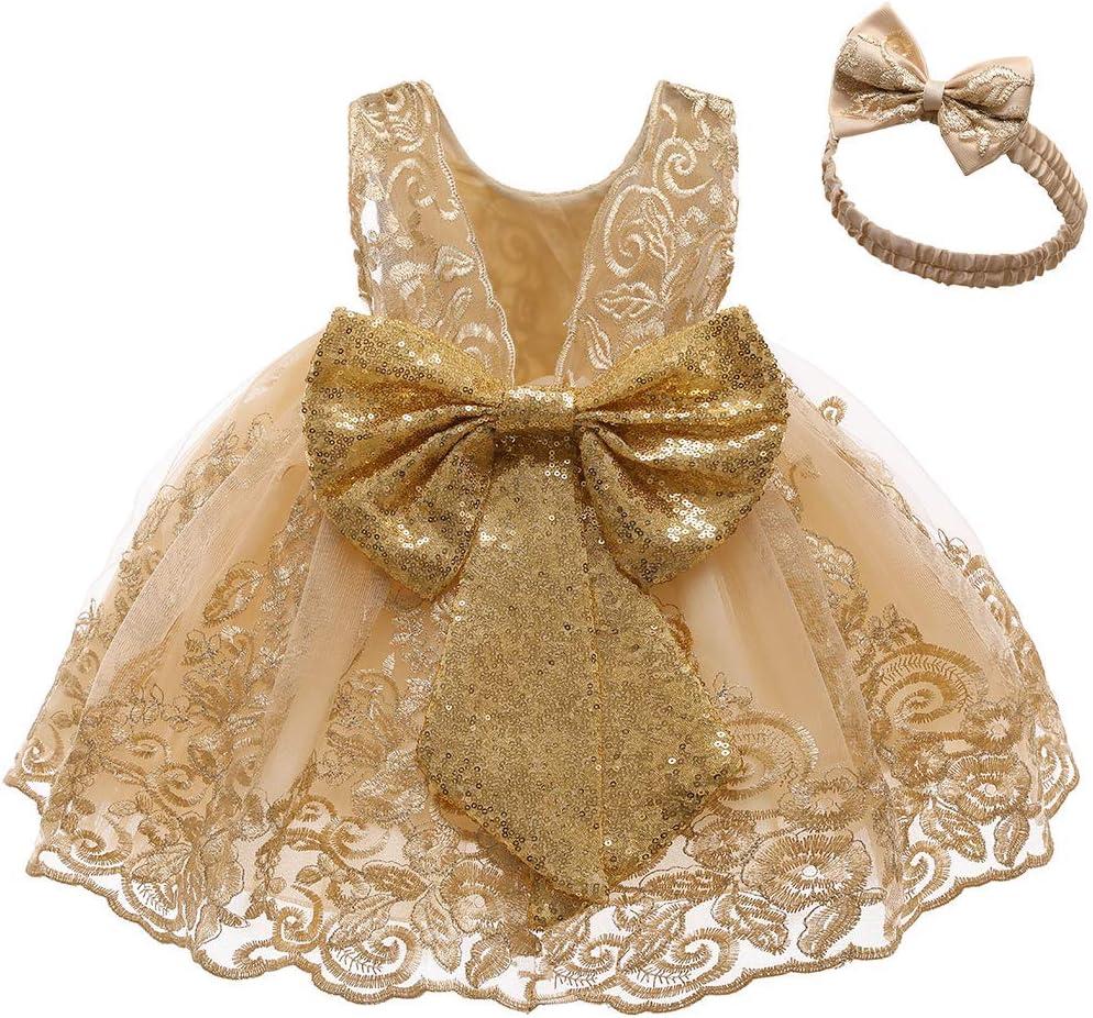 0-6T Big Bowknot Sequins Toddler Baby Girls Embroidered Lace Dresses with Headwear (3-6 Months, 8557b Gold)