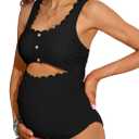 Charmo Maternity One Piece Swimsuit Scalloped Cut Out Ruched High Waisted Scoop Neck Pregnancy Bathing Suit (Small, Black)