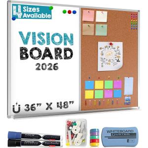White Board and Cork Board Combo (36x48) Vision Board for 2026 - Half Bulletin Corkboard with Dry Erase Whiteboard Combination for Office or Home, Memo Board