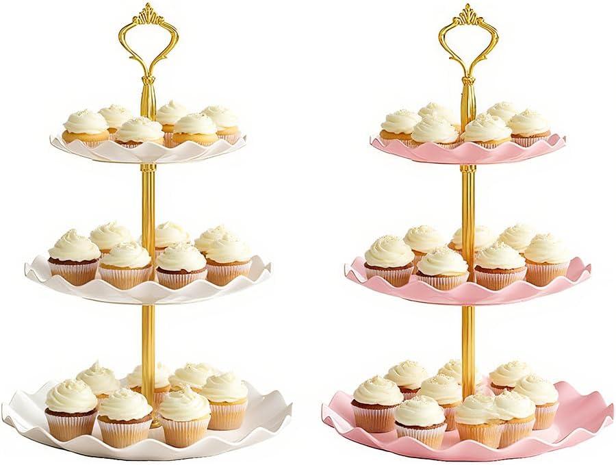 2 PCS 3 Tier Cupcake Stand Holder, Plastic Cupcake Holder Towel with Multiple Layers of Trays, Used for Cupcakes, Donuts, Fruits, Etc., White (White+Pink)