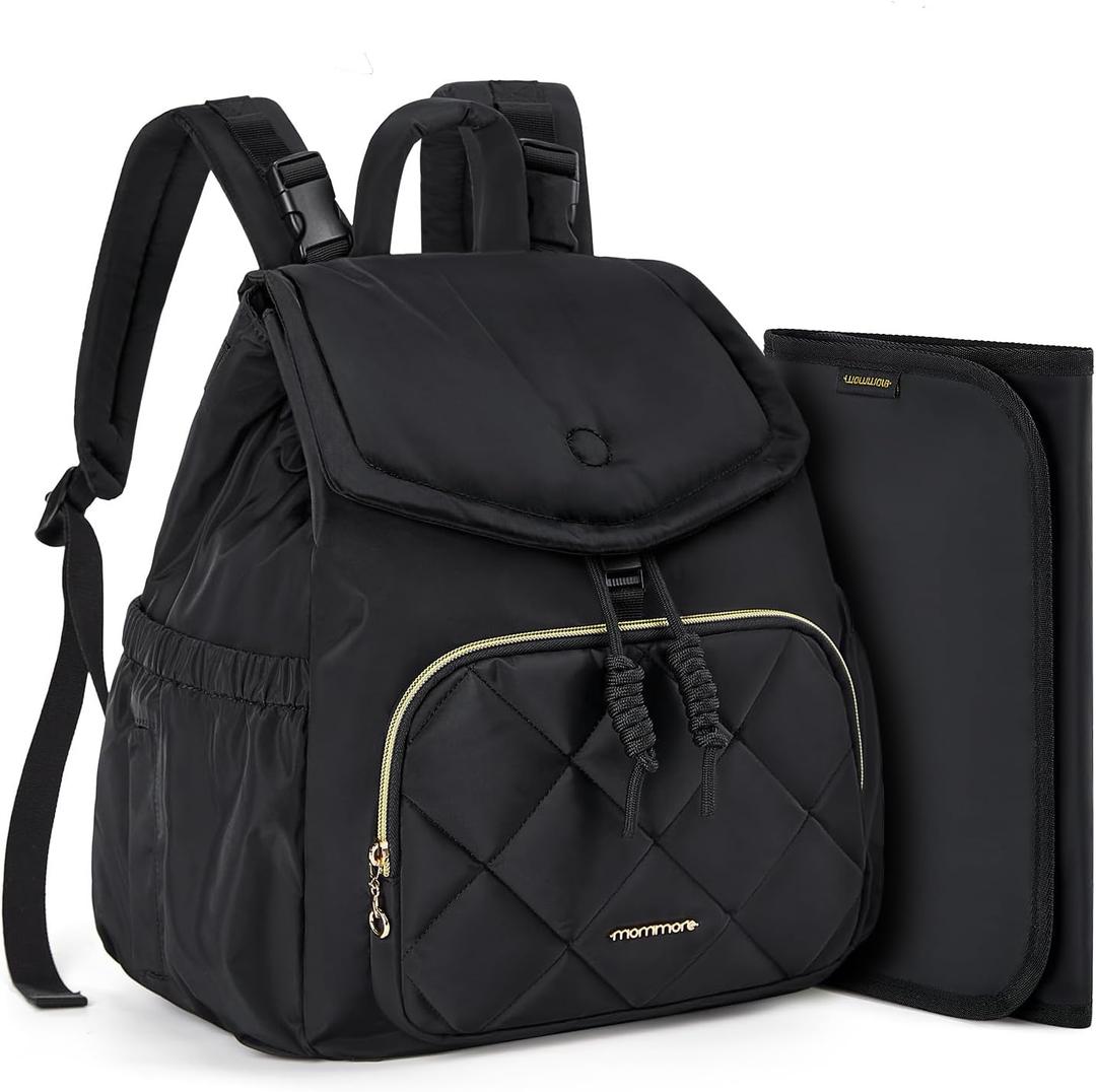 mommore Diaper Bag Backpack, Small Diaper Backpack for Travel, Drawstring Puffer Diaper Bag, Lightweight Quilted Baby Bag with Stroller Straps, Changing Pad